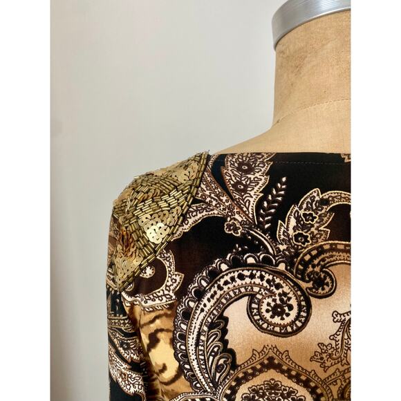 Cache Paisley Vintage Faux Wrap Dress with Gold Beaded Shoulders size S - Picture 7 of 10